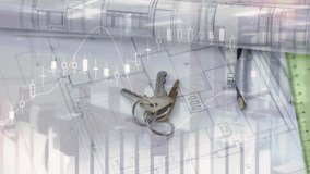 Digital composite of keys on top of building plans with graphs and statistics running in the foreground - Powered by Shutterstock - Get 15% off with code: PIKWIZARD15
