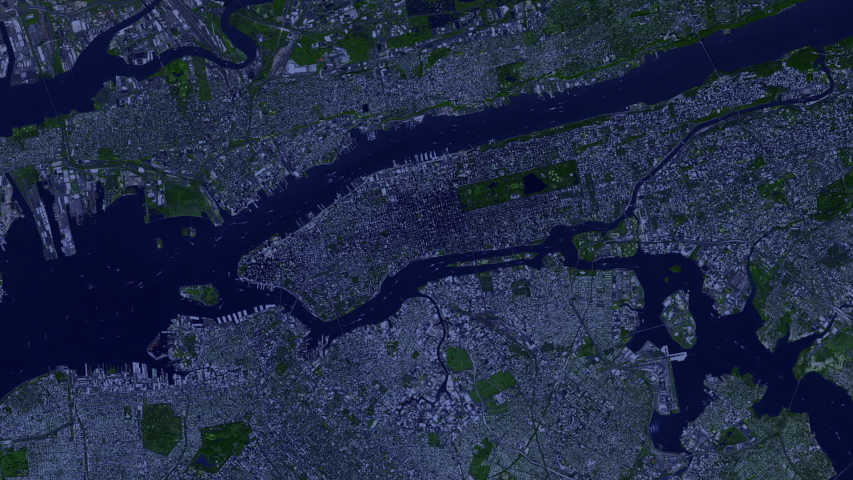 New York city aerial satellite view sunrise animation night to day. Contains public domain image by Nasa