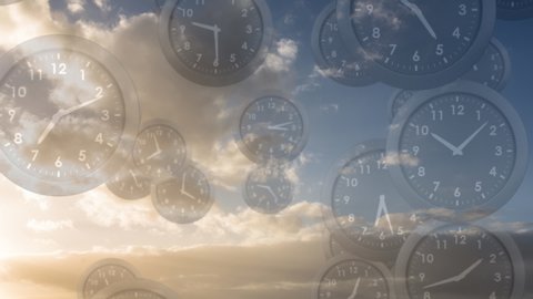 Digital composite of a bright  cloudy sky filled with falling clocks