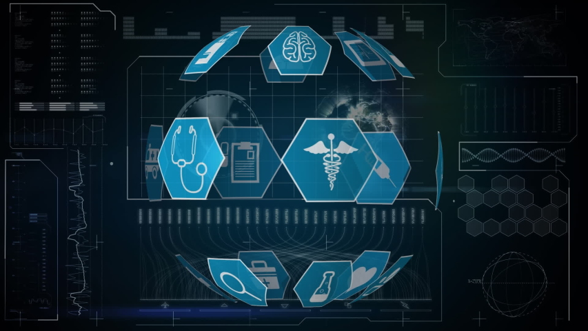 Digital animation of medical icons arranged spherically rotating with a futuristic interface - Powered by Shutterstock - Get 15% off with code: PIKWIZARD15