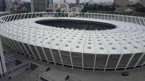 KIEV, UKRAINE - MAY 2019: Dynamo Kyiv Olympic Stadium. Panoramic aerial view.