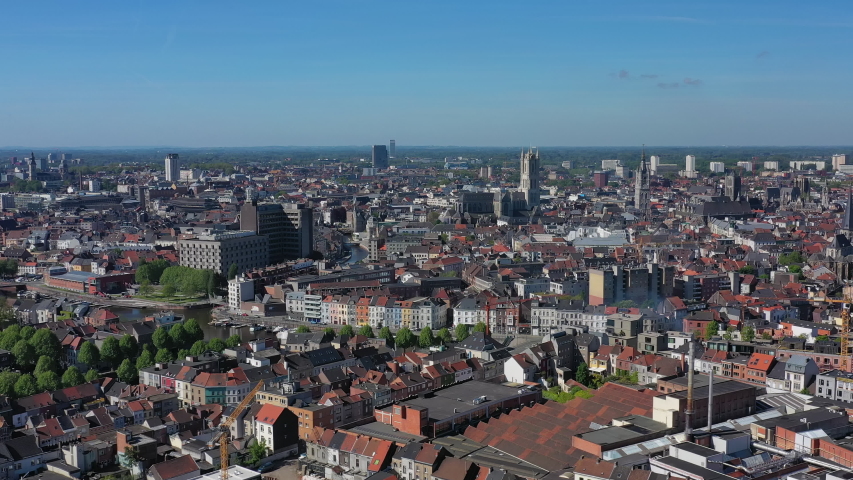 Aerial view of cityscape of Ghent, historic center of city, gothic Saint Bavo