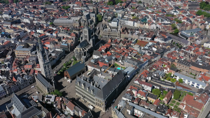 Aerial view of cityscape of Ghent, historic center of city, famous bell tower Het Belfort van Gent - landscape panorama of Belgium from above, Europe