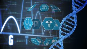 Digital animation of medical icons arranged spherically rotating while background shows DNA double helix rotating - Powered by Shutterstock - Get 15% off with code: PIKWIZARD15