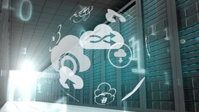Digital animation of different cloud icons arranged spherically rotating with binary codes and background of server towers - Powered by Shutterstock - Get 15% off with code: PIKWIZARD15