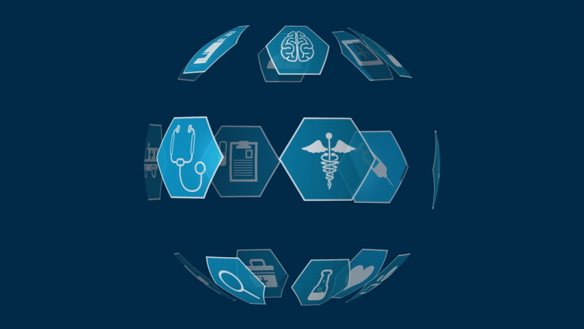 Digital animation of medical icons arranged spherically rotating with different numbers and symbols - Powered by Shutterstock - Get 15% off with code: PIKWIZARD15