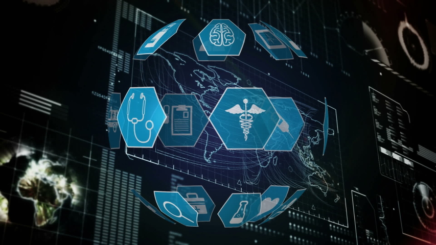 Digital animation of medical icons arranged spherically rotating and futuristic background with world map and graphs - Powered by Shutterstock - Get 15% off with code: PIKWIZARD15