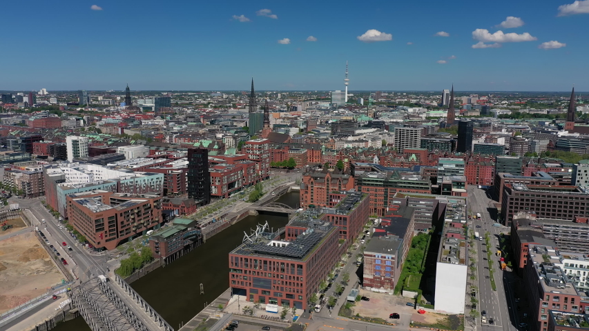 Aerial view of cityscape of Hamburg, famous harbour city in Germany - landscape panorama of Europe from above