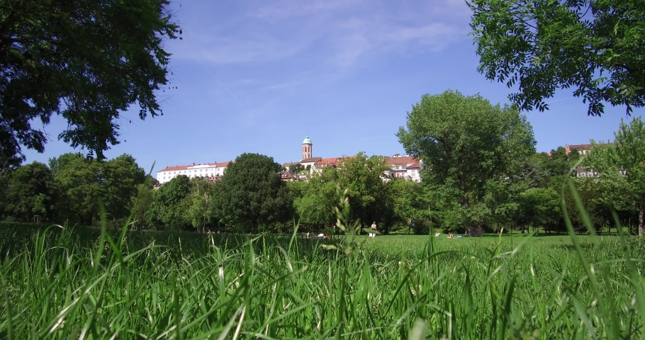 Wide shot of the northern part of Buda Castle, view from the Blood Field Park in Budapest.