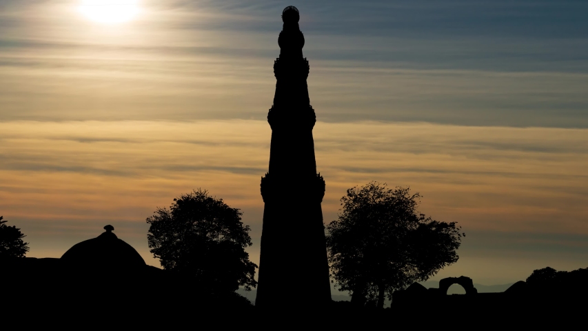 Qutub or Qutb Minar at Sunset, the tallest brick minaret in the world, a UNESCO World Heritage Site in Delhi, India