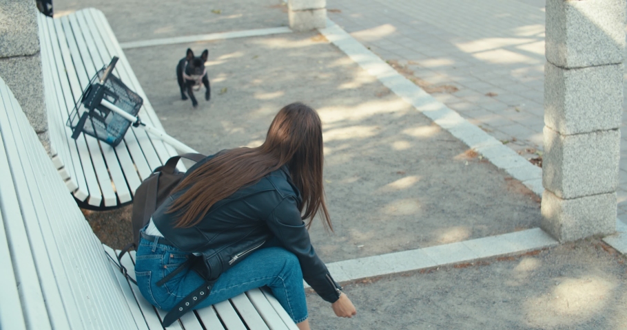 Beautiful young woman playing with black French bulldog in summer city park . Girl sitting on bench on sunny spring morning. Walking dog with electric kick scooter. 4K slow motion video footage 60 fps