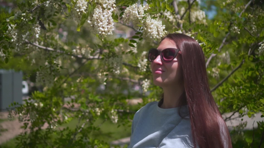 The woman gently touches and sniffs white acacia. Beautiful woman in sunglasses and a beautiful smelling acacia blooming in the park.