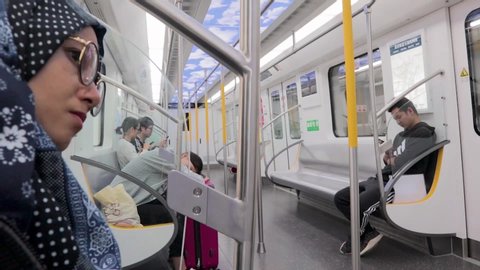 Wuhan, China, Juni 9, 2019. People in Wuhan train (Metro) that runs underground. Wuhan City at Hubei Province in China 
