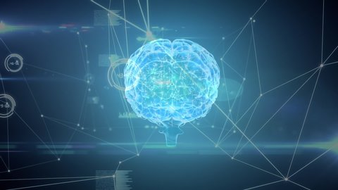 Digital animation of a brain with a network of graphs and codes in the foreground