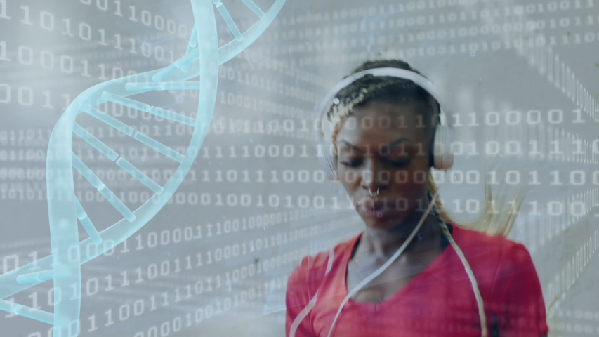 Close up of an African-american woman stretching in preparation for a jog. Digital animation of a DNA helix and binary codes are running in the foreground - Powered by Shutterstock - Get 15% off with code: PIKWIZARD15