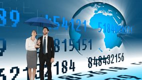 Digital animation of a couple wearing business clothes holding up an umbrella. Digital animation of a rotating globe and floating numbers are seen in the background - Powered by Shutterstock - Get 15% off with code: PIKWIZARD15