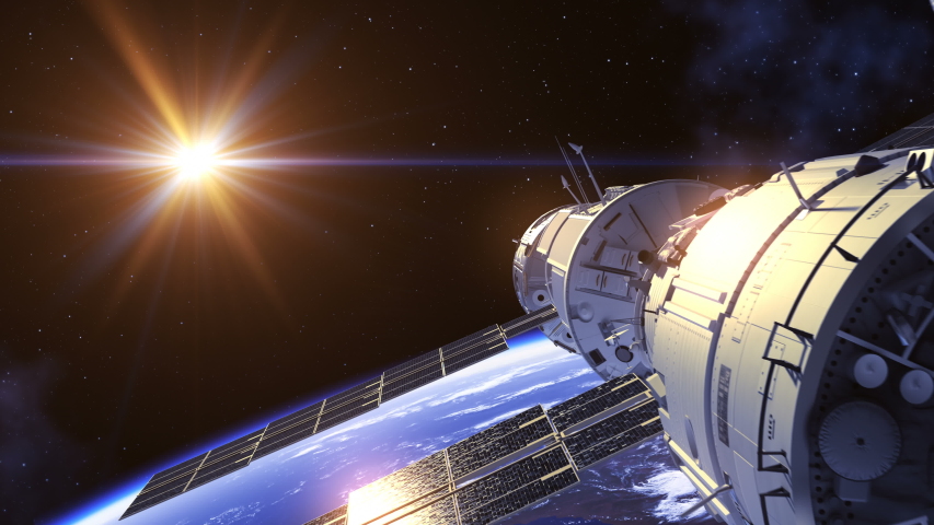 4K. Space Station In The Rays Of Red Sun. Ultra High Definition. 3840x2160. 3D Animation.