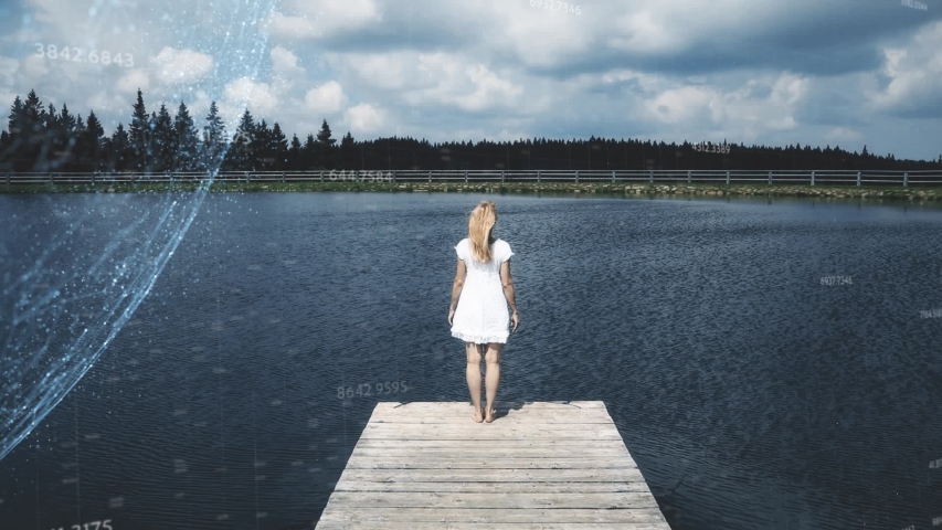 Computer cyberspace network and a woman standing on wooden pier at lake.