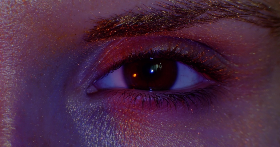 View Of Woman's Face With Beautiful Golden Body Art Looking To Camera, Eye. Macro. | Shutterstock HD Video #1031180516