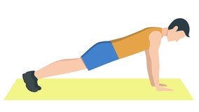 Young muscular man doing push ups. Athletic man doing push ups on yellow mat. Strong guy spending time for health and body bilding.
