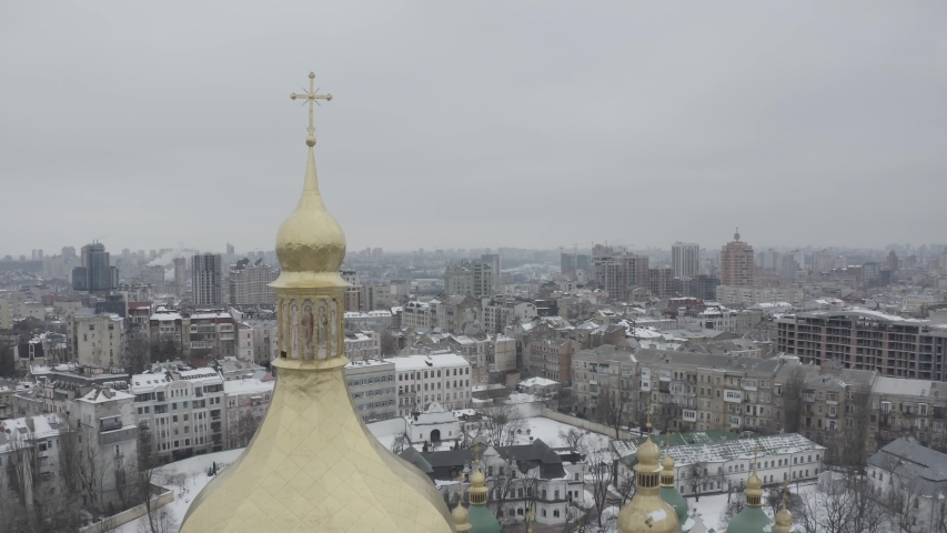 Winter aerial view to famous St. Sophia Cathedral Winter aerial and central part of Kyiv, Ukraine. 4K drone in RAW.