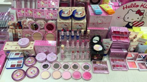 BANGKOK - JUNE 06, 2019: Hello Kitty products for sale at MBK mall. Hello Kitty is one of the most successful marketing brands in the world produced by the Japanese company Sanrio