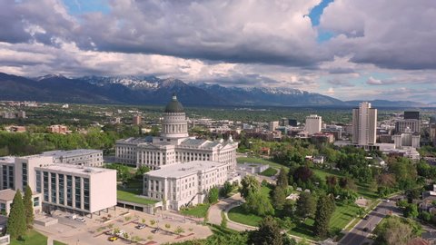 Wide view of Salt Lake City from behind the Capitol building from aerial view.