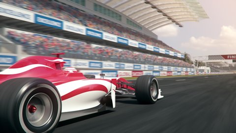 Generic formula one race car driving along the homestretch over the finish line - side view camera - realistic high quality 3d animation - my own car design - no copyright/trademark infringement
