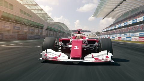 Generic formula one race car driving along the homestretch over the finish line - dynamic front view camera - realistic high quality 3d animation - my own car design