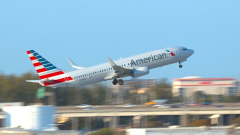 FT. LAUDERDALE, FL - 2019: American Airlines Boeing 737-800 Next Gen Commercial Passenger Jet Airliner Taking Off from Fort Lauderdale Hollywood FLL International Airport on a Sunny Day in Florida