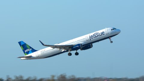 FT. LAUDERDALE, FL - 2019: JetBlue Airways Airbus A321 Commercial Passenger Jet Airliner Taking Off from Fort Lauderdale Hollywood FLL International Airport on a Sunny Day in South Florida