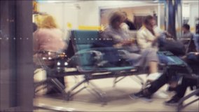 takeoff airplane blurred background aircraft flight concept reflection in the glass night double video. people at the airport in the waiting room waiting lifestyle for the plane to take off