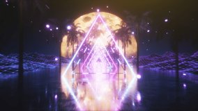 80's Abstract retro futuristic background. Beautiful animation with ultraviolet neon triangle modern lights. Retro wave stylization. Flying in space with particles and palm trees