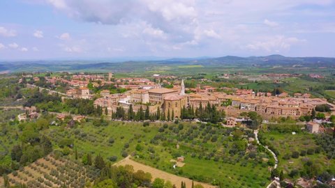 Tuscany, Italy. Aerial side view of Pienza - a town and comune in the province of Siena, between the towns of Montepulciano and Montalcino