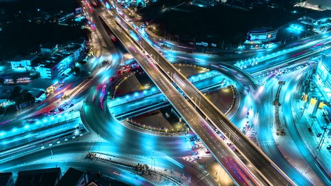 4K, Time lapse Fast speed car in the road in circle and intersection  and expressway, motorway and highway