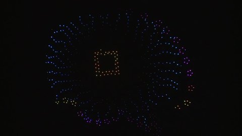 LIGHT SHOW CREATED BY MULTIPLE DRONES AND TECHNOLOGY INSTEAD OF FIREWORKS FOR SAFETY AND FIRE PREVENTION. FOURTH OF JULY CELEBRATIONS HD 1920X1080 HIGH DEFINITION