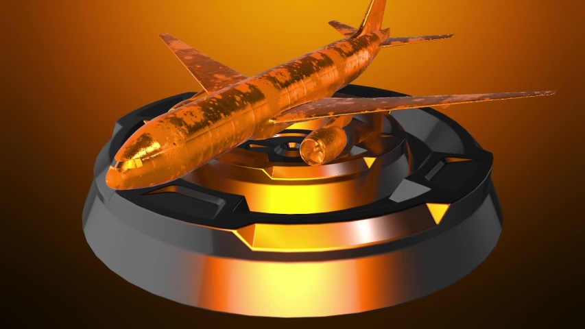 3D Rendering.Gold Aircraft Animation on background,Golden Airplane on gold background