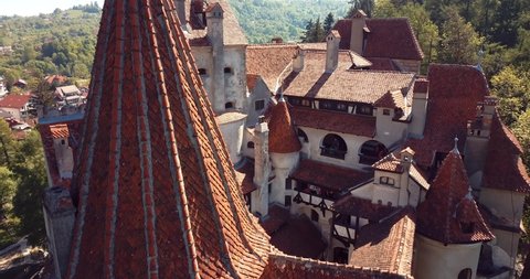 Romania, Bran - May 10, 2019: Aerial View when Flying Around Dracula Castle 