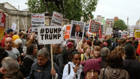 LONDON, circa 2019 - Thousands of demonstrators take to Whitehall in London, UK to protest against Donald Trump and BREXIT