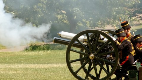 LONDON, circa 2019 - Close-up view of artillery being fired during the Gun Salute in London, UK on the anniversary of Queen Elizabeth II coronation