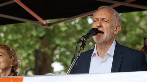 LONDON, circa 2019 - Jeremy Corbyn, leader of the Labour Party and the opposition, delivers a speech in Whitehall on the day Donald Trump visited the UK