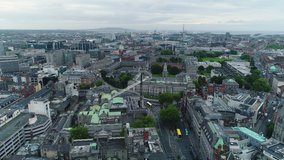 Drone aerial shot of the College Green and Dame Street areas of Dublin City, Ireland.