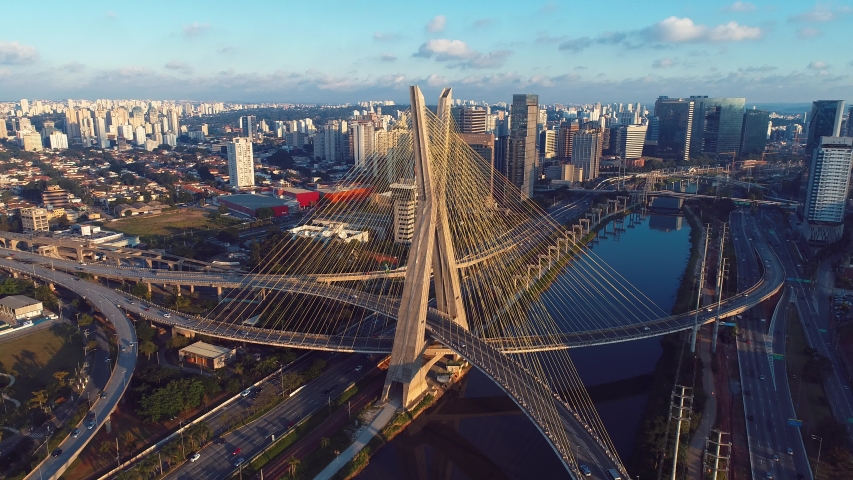 Transportation Estaiada's Bridge Aerial View. São Paulo, Brazil. Business City. Viaduct City Aerial View. City Landscape. Cable-stayed Viaduct of Sao Paulo. Downtown City Life Aerial Landscape. Bridge Royalty-Free Stock Footage #1031253998
