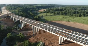 Aerial video of the Central Ring Road, Construction of the New Bridge over Mocha river, Moscow Oblast, Podolsk region, Russia