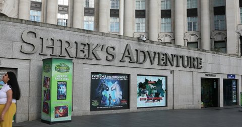 London, UK, May 28, 2019: Exterior Of DreamWork's Tours Shrek's Adventure! London Tourist Attraction In Riverside Building, County Hall, Westminster Bridge Road, Central London - DCi 4K Resolution