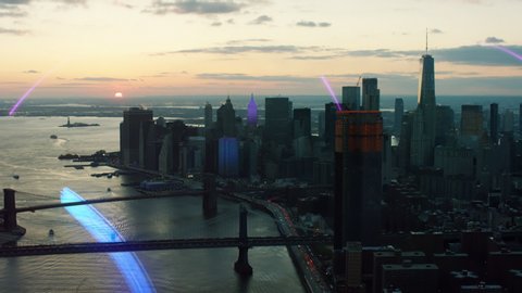 Aerial view of smart city New York with motion graphics in 4K