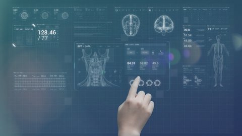 Futuristic doctor's hand touch screen augmented reality medical charts. 4K : vidéo de stock