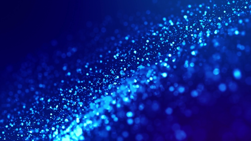 Magic blue glowing particles flow in viscous liquid and bright glisten. Science fiction. 4k 3d sci-fi background with glittering particles, depth of field and bokeh. Luma matte as alpha channel. 63