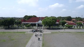 Yogyakarta King Palace known as Kraton Jogja view in aerial footage with tourist visit and stand at front