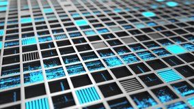 Animated futuristic technological or industrial background made from metal grates with blue glowing elements. Abstract background. 3D rendering animation - Powered by Shutterstock - Get 15% off with code: PIKWIZARD15